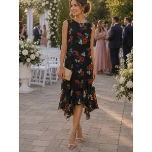 Calvin Klein Ruffle Handkerchief Hem Midi Dress Sz 4 Garden Floral Asymmetric